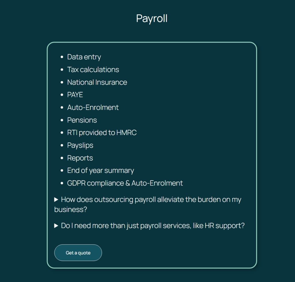 Services page screenshot of the accounting firm website